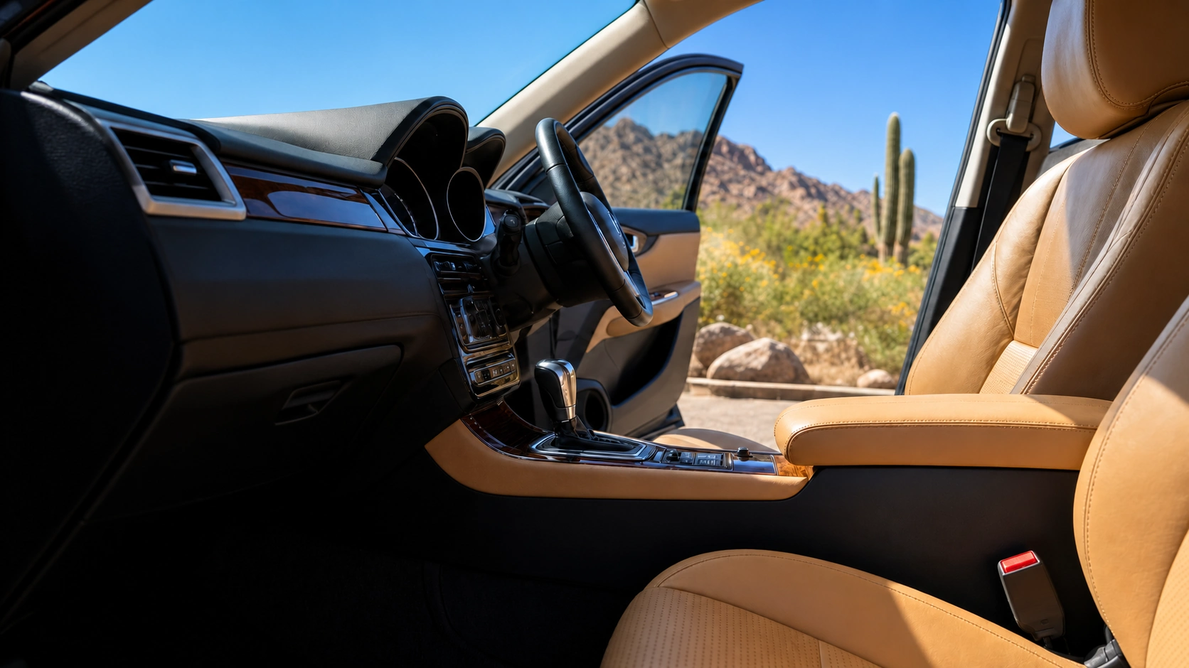 Illustrative tan leather car interior opening onto the Arizona desert